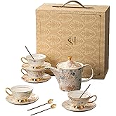 FANGJING 13pcs Bone China Tea Cup Set, Service for 4, Modern Marble Porcelain Tea Set with 24oz Teapot, 4 Tea Cups and Saucers (6.8oz) & Spoons, Luxury Gift Box