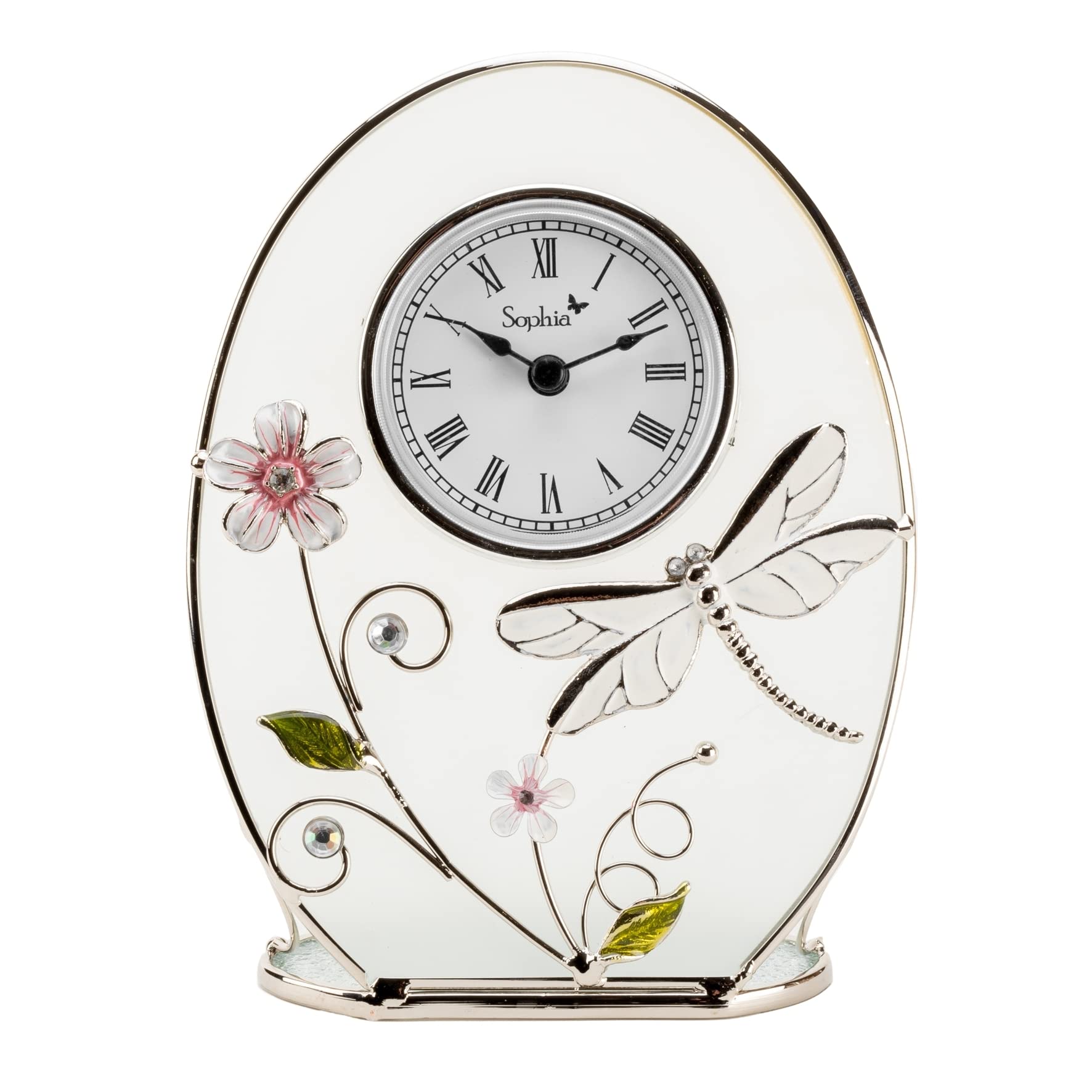 Widdop Glass Floral Mantel Table Clock w/Dragonfly Handpainted 16cm
