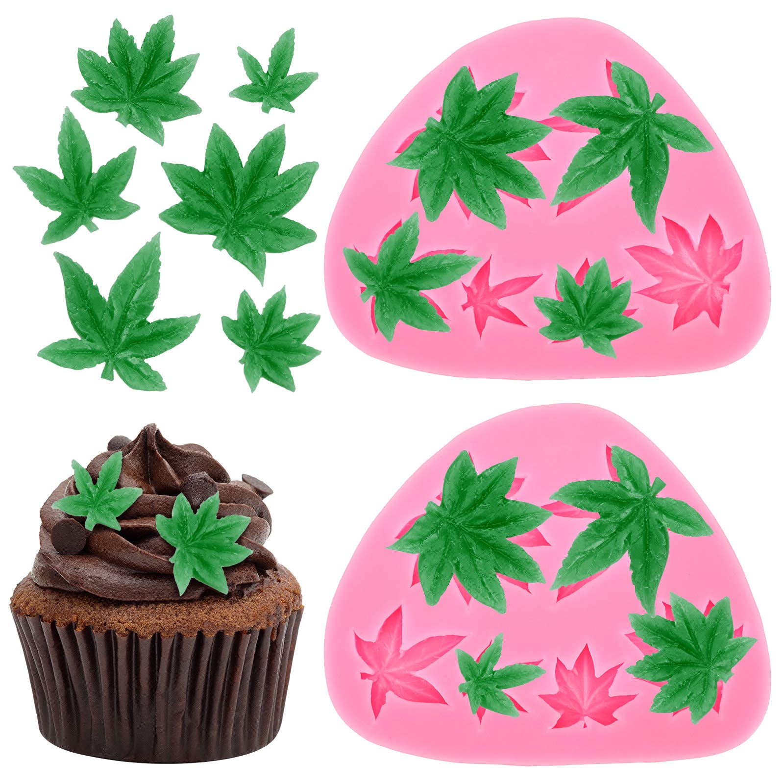 Photo 1 of 2 Pieces  Leaf Cake Fondant Mold Pot Leaves Silicone Mold for Weed Leaf Theme Cake Decoration, Chocolate Candy Polymer Clay Cookie Sugar Craft (Rose Red)