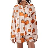 DSORVICD Women Halloween Pajamas Sets Satin Silk Button Down Shirt Top and Shorts Loungewear 2 Piece Pjs Set