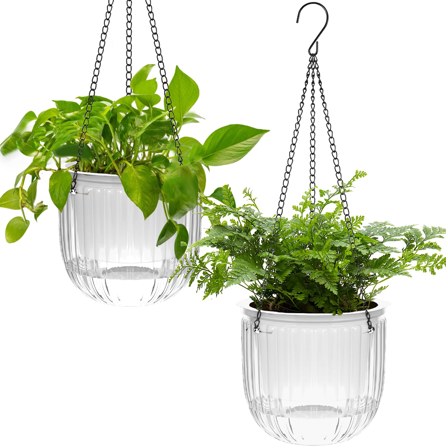 iDattel 6.5 Inch 2Pcs Self-watering hanging flower pot plants,Indoor hanging flower pots with 3Hooks drainage holes for indoor outdoor ceilings balconies wall decoration (White)