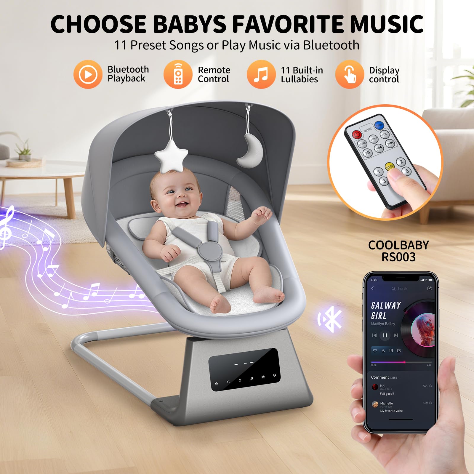 pudult Baby Swing, Electric Baby Rocker for Newborns with 3 Timer Functions, 5 Rocking Speeds, 11 Preset Lullabies and Bluetooth, 5-Point Harness, Suitable for Babies 0-6 Months, Up to 30 lbs