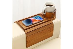 BAMTRAY Couch Cup Holder Tray, 15.75" Acacia Wood Couch Armrest Table, 3 in 1 Foldable Sofa Clip on Side Table with 360° Phone Stand, Armrest Tray for Coffee Snacks