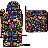 Mexican Floral Oven Mitts and Pot Holders Sets of 3 Heat Resistant Mexican Flower Hot Pads Oven Gloves for Kitchen Cooking BBQ Baking, Black