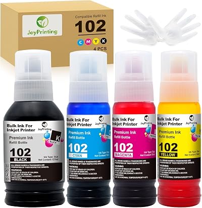 JoyPrinting 102 Ink Replacement 4-Pack for Epson EcoTank 102 BK/C/M/Y