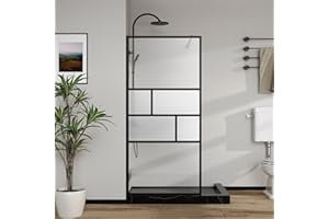 Goodyo 34” X 72” Shower Door Tempered Glass Framed Shower Screen Panel for Walk-in Bathroom Matte Black Finish, Middle Glass Frosted Pattern, 3-Pieces Glass