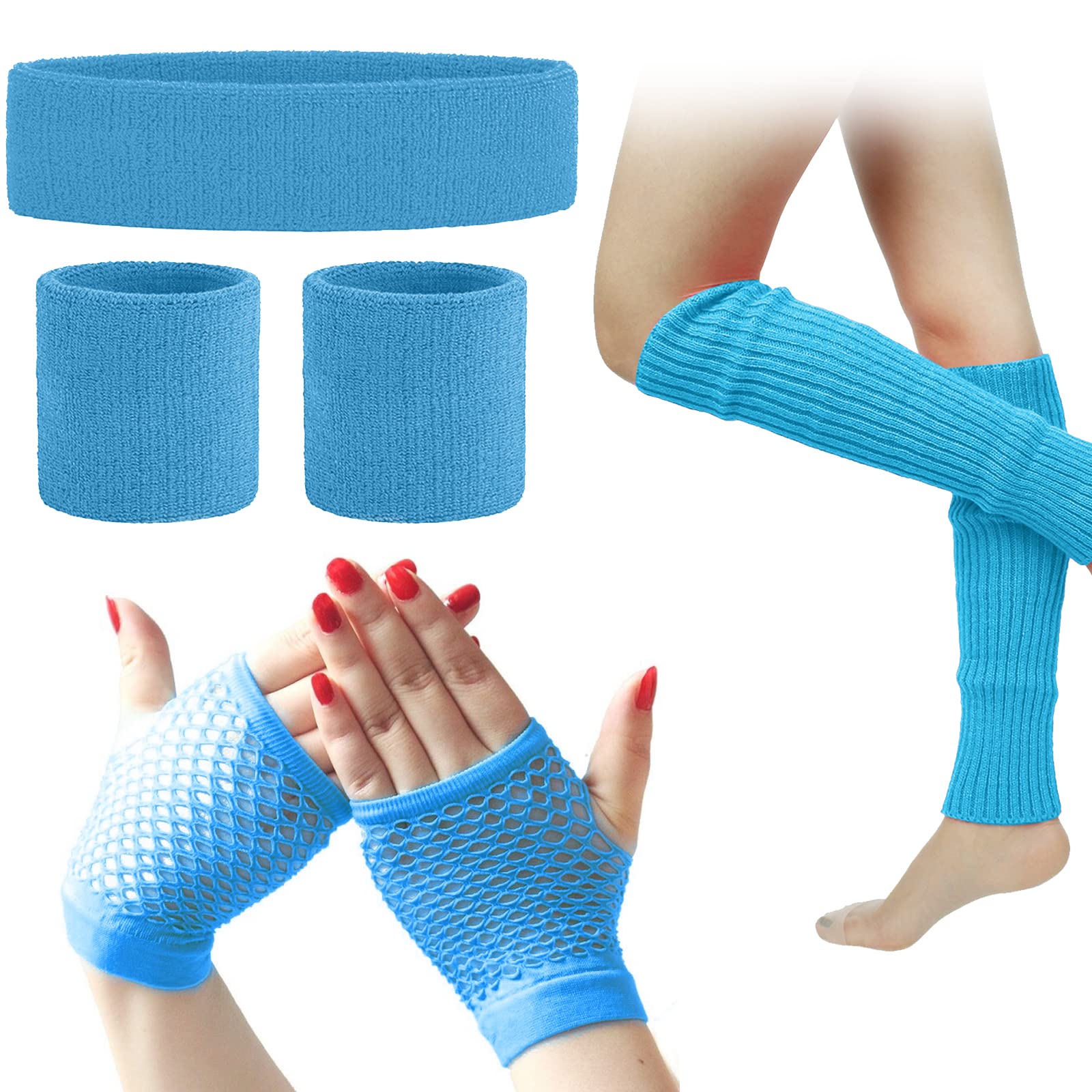 SPOKKI Leg Warmers Fishnet Gloves Headband Wristbands Neon Set, 80s Women Fancy Dress Costume Accessories, 1980s Retro Theme Party Costumes (Blue) — image 1