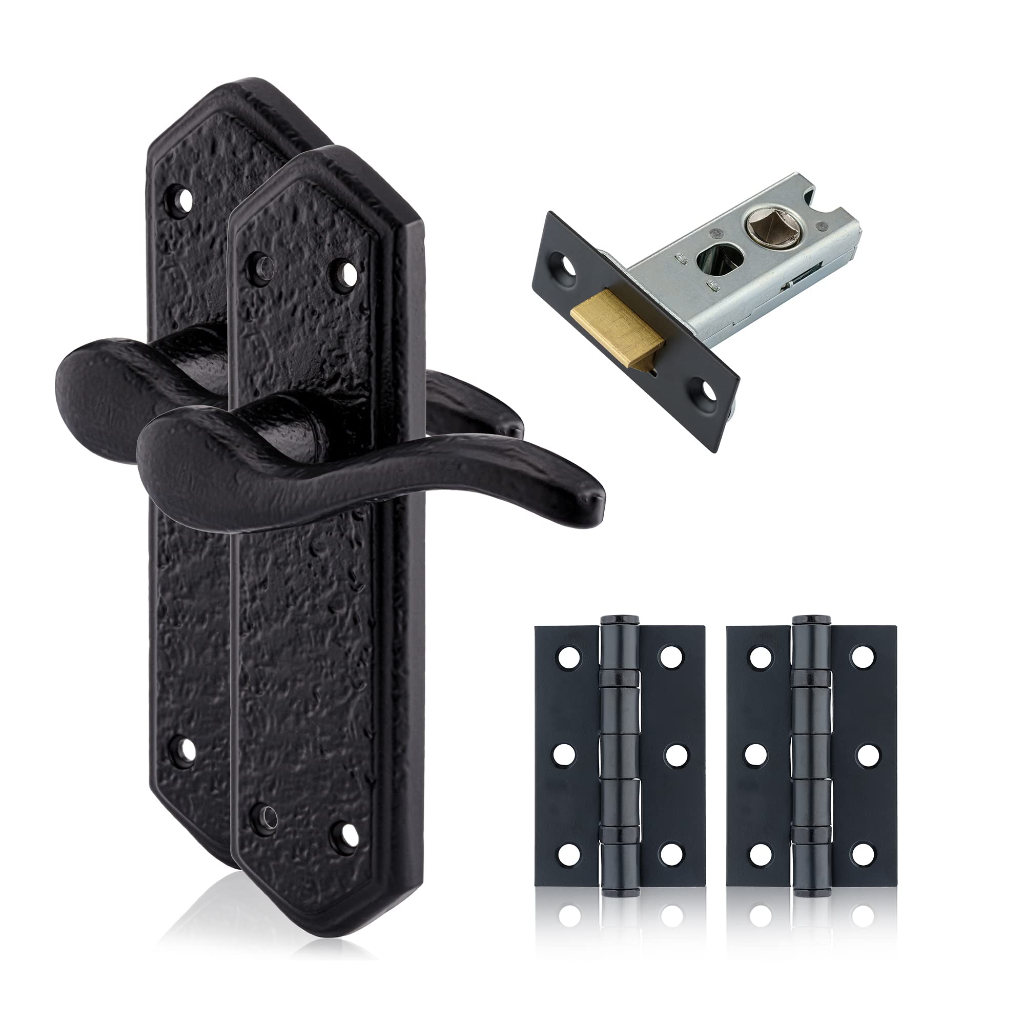 XFORT Smithy's Range London Suite Lever Latch Pack Black Antique, Complete Set with Door Handles, 65mm Tubular Latch and 75mm Ball Bearing Hinges, Door Handles Set for Internal Wooden Doors.