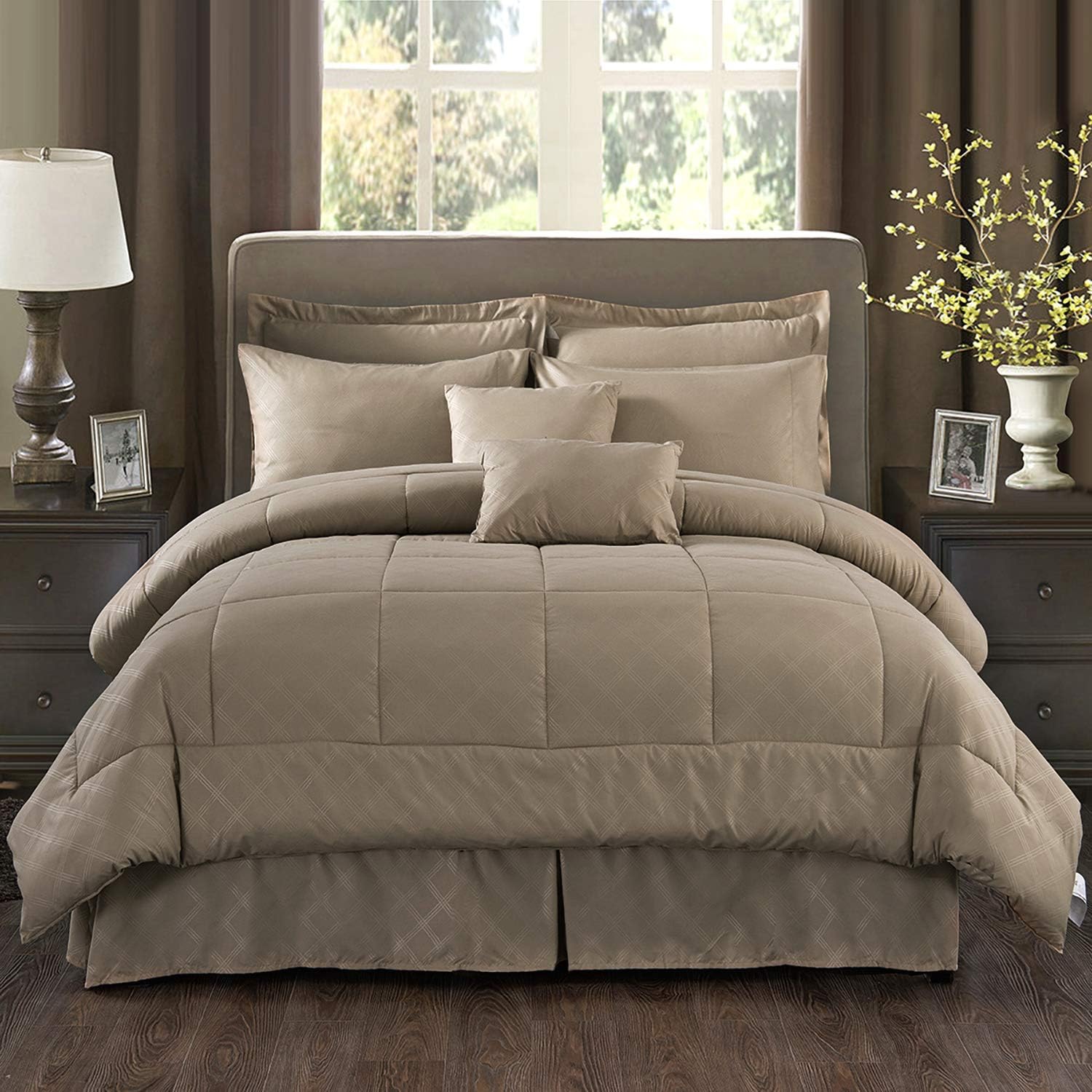 MERRY HOME King Size Comforter Set with Sheets for 14" Deep Pocket, Luxury 10 Piece Bed in a Bag Comforter Sets with Decorative Pillow,Bedskirt, Shams Included, Taupe