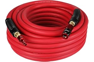 Keepro Rubber Air Hose, Durable Air Compressor Hose 3/8 Inch ID By 50 Feet Long with Swivel Universal Aluminium Quick Coupler and Plug, 300 PSI Maximum Pressure, Red