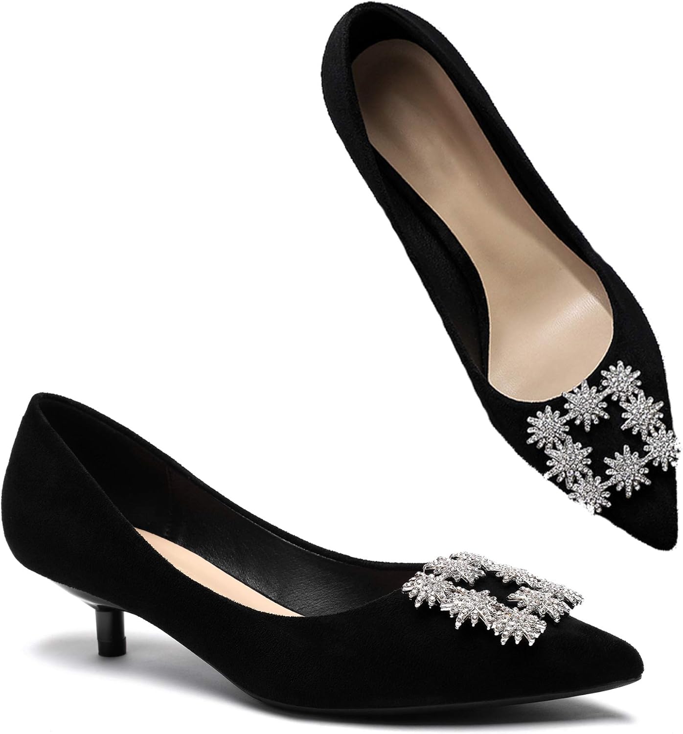 MOOMMO Women Slip On Kitten Heels Court Shoe Rhinestones