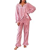 AINAC Womens Gingham 2 Piece Pajama Set Cute Cotton Puff Long Sleeve Babydoll Shirt and Ruffle Plaid Pant Pj Lounge Set
