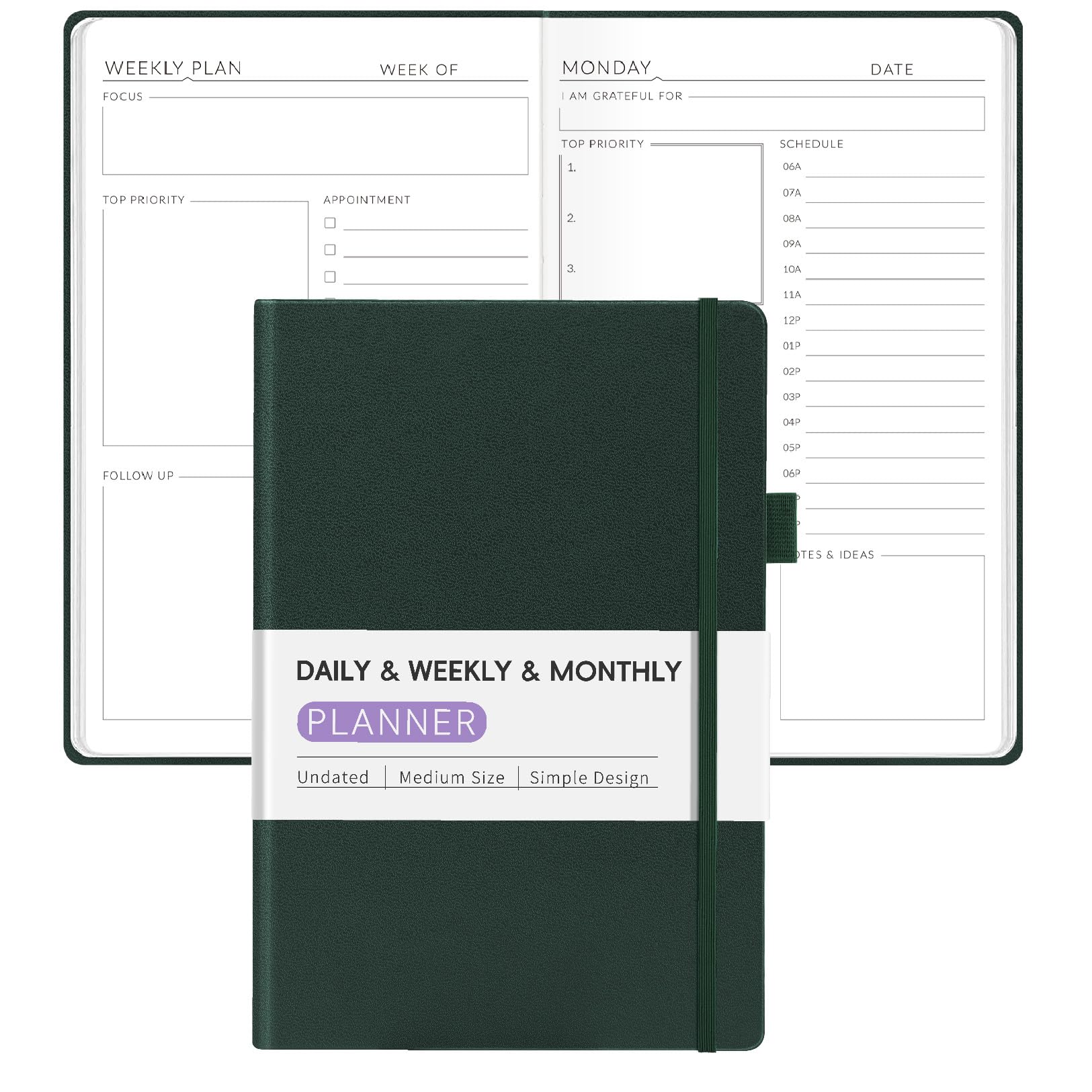 Photo 1 of Undated Weekly Planner for 2025, Forvencer Daily & Weekly & Monthly Calendar Planner, Cute Daily Organizer Notebook, Agenda Journal to Track Goals & Tasks, Start Anytime, A5 Size, Dark Green