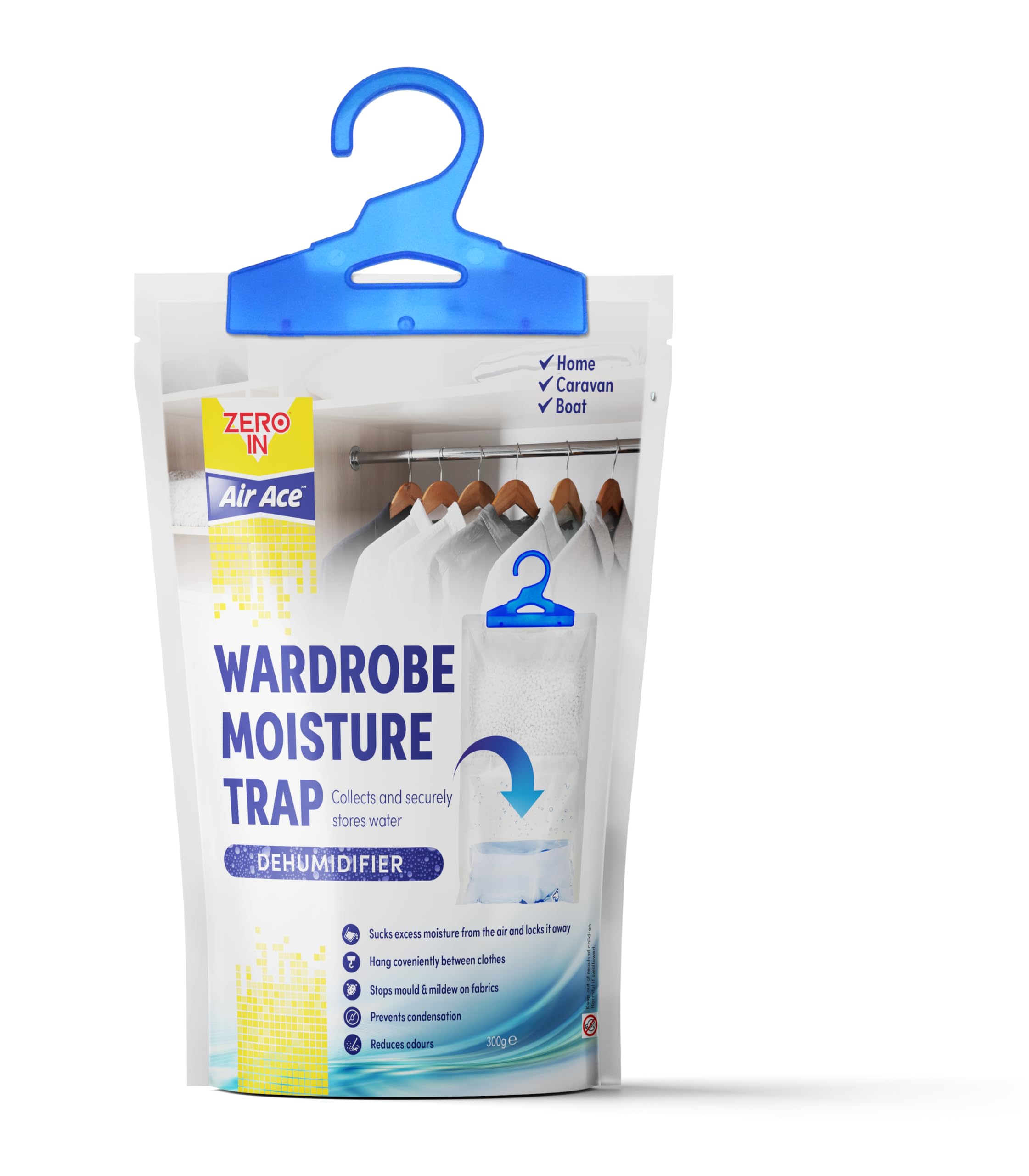 Zero In Wardrobe Dehumidifier – 300g | Fragrance-Free Moisture Absorber Bag with Hang Hook | Helps Prevent Damp, Mould & Odours | Spill-Proof Pouch for Wardrobes, Closets & Storage Spaces