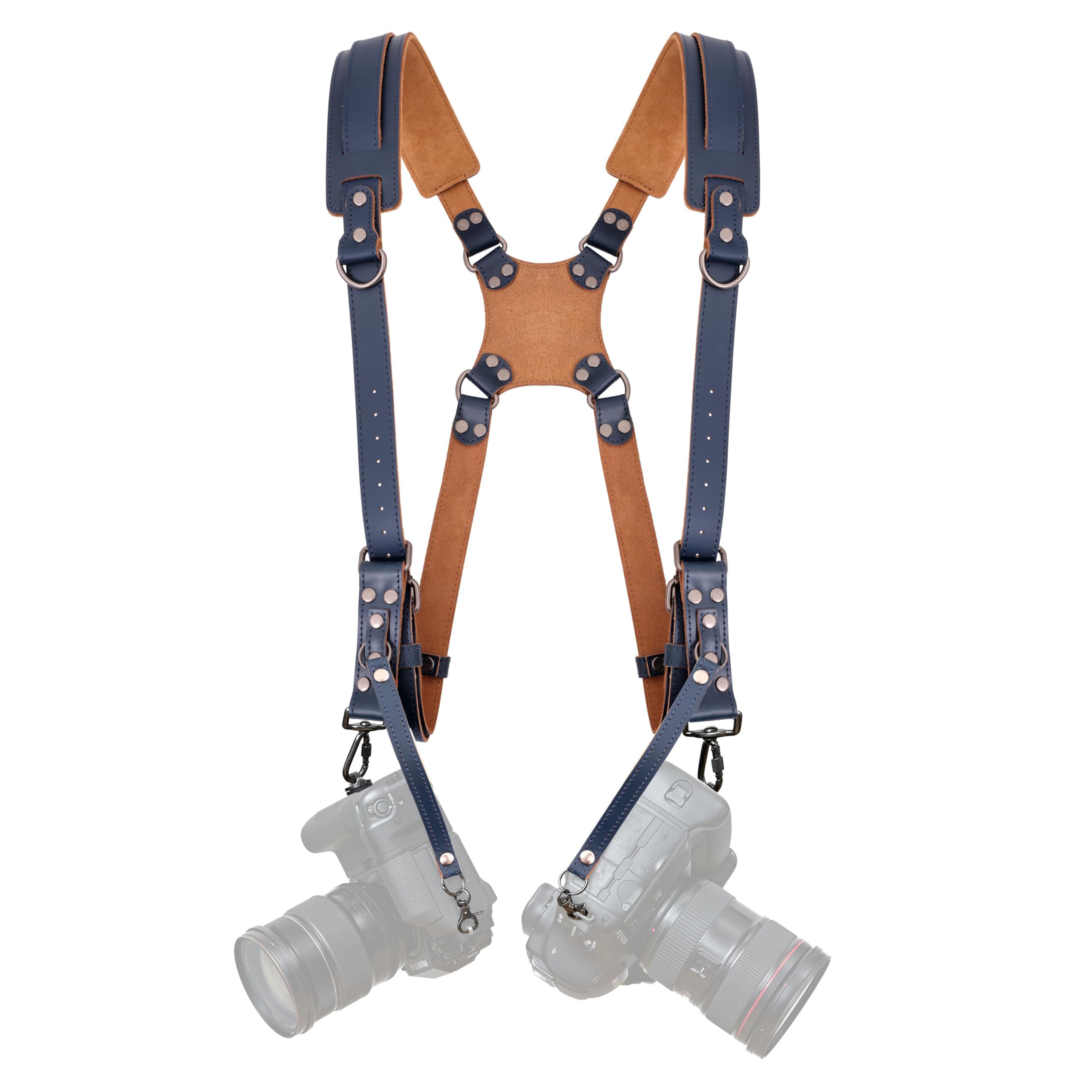 Padwa Lifestyle Blue Dual Camera Harness Strap for Two-Cameras - Dual Shoulder Full Grain Leather Harness,Multi Double Camera Gear for DSLR/SLR Strap,Double Camera Harness for Photographers