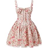 ABEHIK Women's Corset Dress Floral Mini Sexy Spaghetti Straps Low Cut Lace Short Dress Ruffle Summer Bustier Sundress