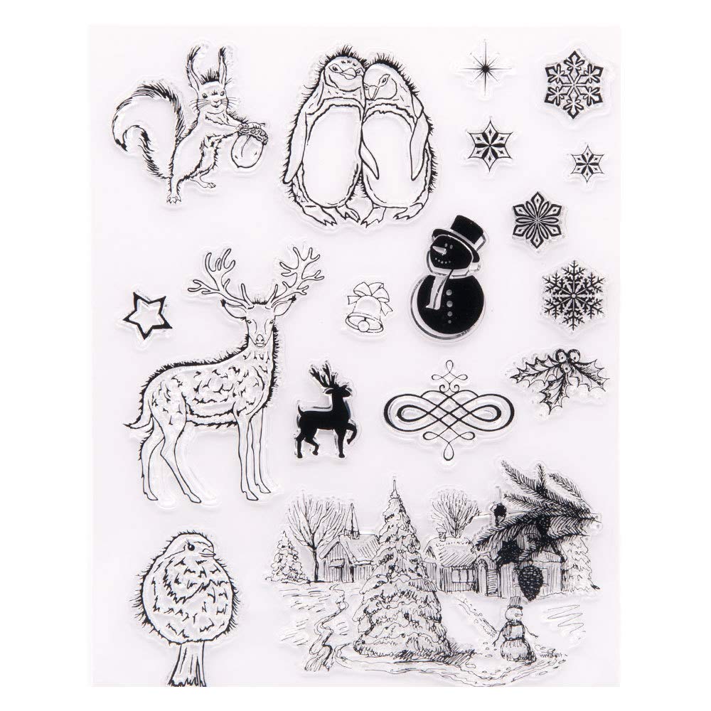 Merry Christmas Elk Deer Snowflakes Snowman Christmas Tree Penguin Bird Rubber Stamps Clear Stamps for Christmas Card Making Decoration and DIY Scrapbooking