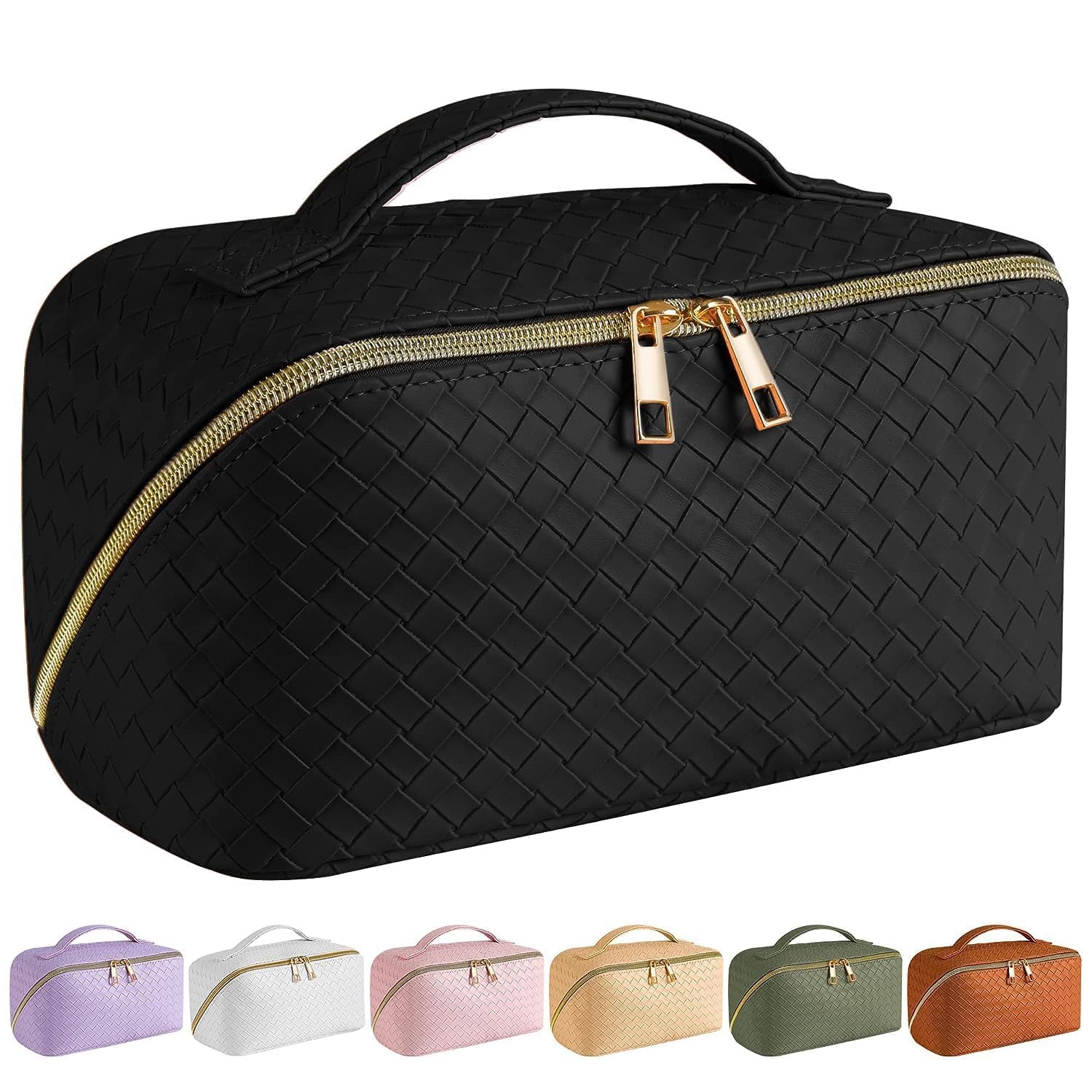 SFXULIX Large Capacity Travel Cosmetic Bag - Makeup Bag, PU Leather Waterproof Cosmetic Bag, Women Portable Travel Makeup Bag with Handle and Divider Flat Lay Makeup Organizer Bag, Black