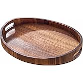 Acacia Wood Serving Tray with Handles - Round Decorative Ottoman Tray for Coffee Table, Breakfast in Bed, Living Room, Kitchen Counter, Candle Display, Tea Party, Lunch, Dinner, Bathroom & Home Decor