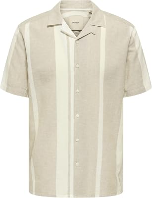 Camisa Hombre Manga Corta Cuello Resort Botones Lino Top Verano, Color:Caqui, Talla:M