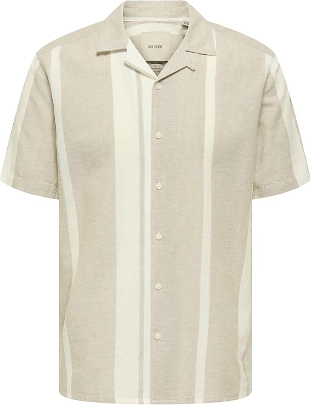 Camisa Hombre Manga Corta Cuello Resort Botones Lino Top Verano, Color:Caqui, Talla:M