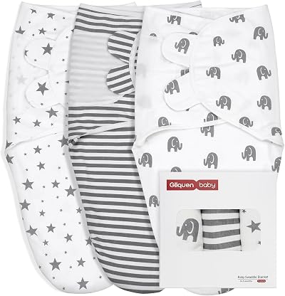 GLLQUEN BABY 3 Pack Swaddle Wraps 0-3 Months Organic Cotton New Grey