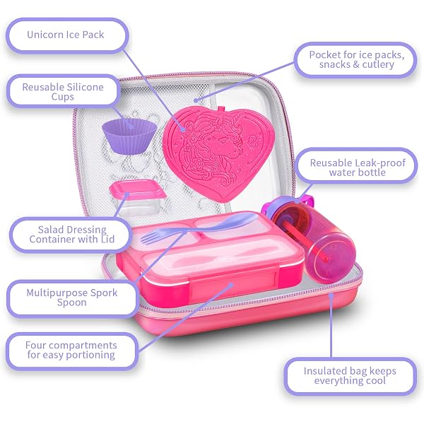 KIDS LUNCH BOX BAG SET: GIRLS UNICORN LUNCH BAGS BENTO BOXES WITH 3-COMPARTMENT INCLUDED ICE PACK WATER BOTTLE INSULATED LUNCHBAG REUSABLE SCHOOL LUNCHBOX CONTAINERS KIT FOR TODDLER DAYCARE CHILDRENS