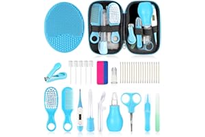 UHFI Baby Grooming and Healthcare Kit, Portable Baby Safety Care Set with Hair Brush Comb Nail Clipper Nasal Aspirator for Nursery Newborn Infant Girl Boy (25 in 1, Blue)