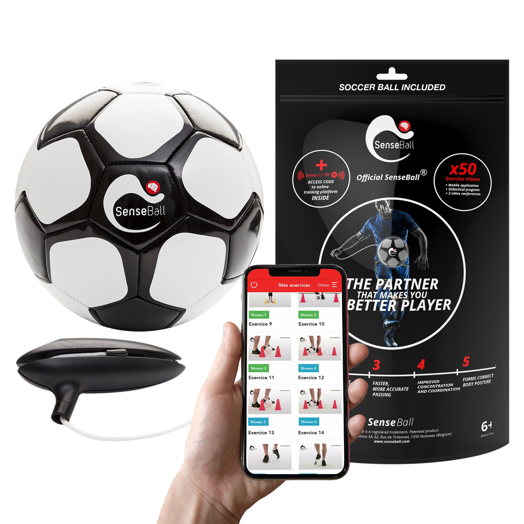 SenseBall Smart Football - Size 3, Black - Two-Footed Skill & Football Training Equipment - App-Guided Soccer Ball Drills & Customisable Exercises