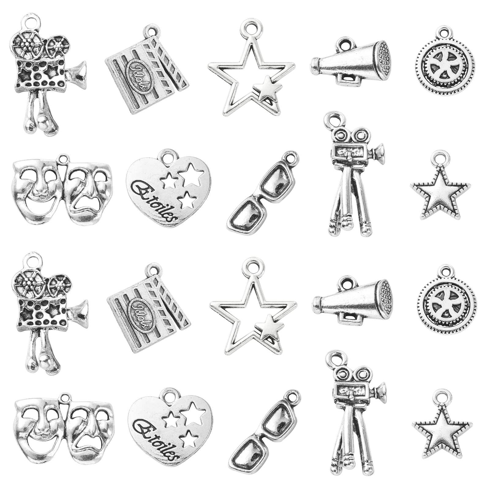 UR URLIFEHALL 100 Pcs 10 Styles Antique Silver Drama Mask Trumpet Heart Star Charms Mardi Gras Charms Pendants for DIY Jewellery Making — image 1