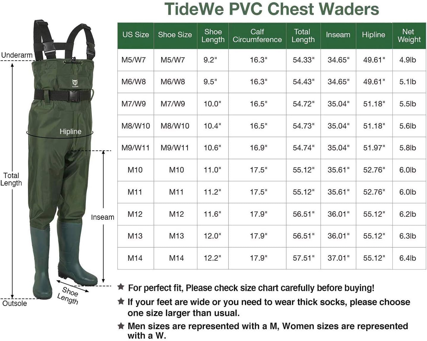 TIDEWE Bootfoot Chest Wader, 2-Ply Nylon/PVC Waterproof Fishing & Hunting Waders with Boot Hanger for Men and Women (Green and Brown) : Clothing