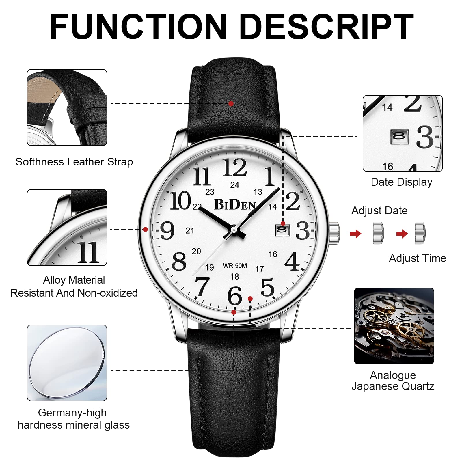 HANPOSH Watches Men's Watch Analogue Quartz Watches for Men Waterproof Wristwatches Men's Fashion Business Watch with Date Leather Strap