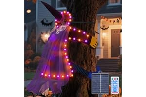 amadecohome Solar Halloween Decorations Outdoor Witches, 43" Flying Witch Crashing into Tree Hallowen Decor on Broom, Halloween Witch Decor for Yard Door Fence Haunted House Props (Orange Purple)
