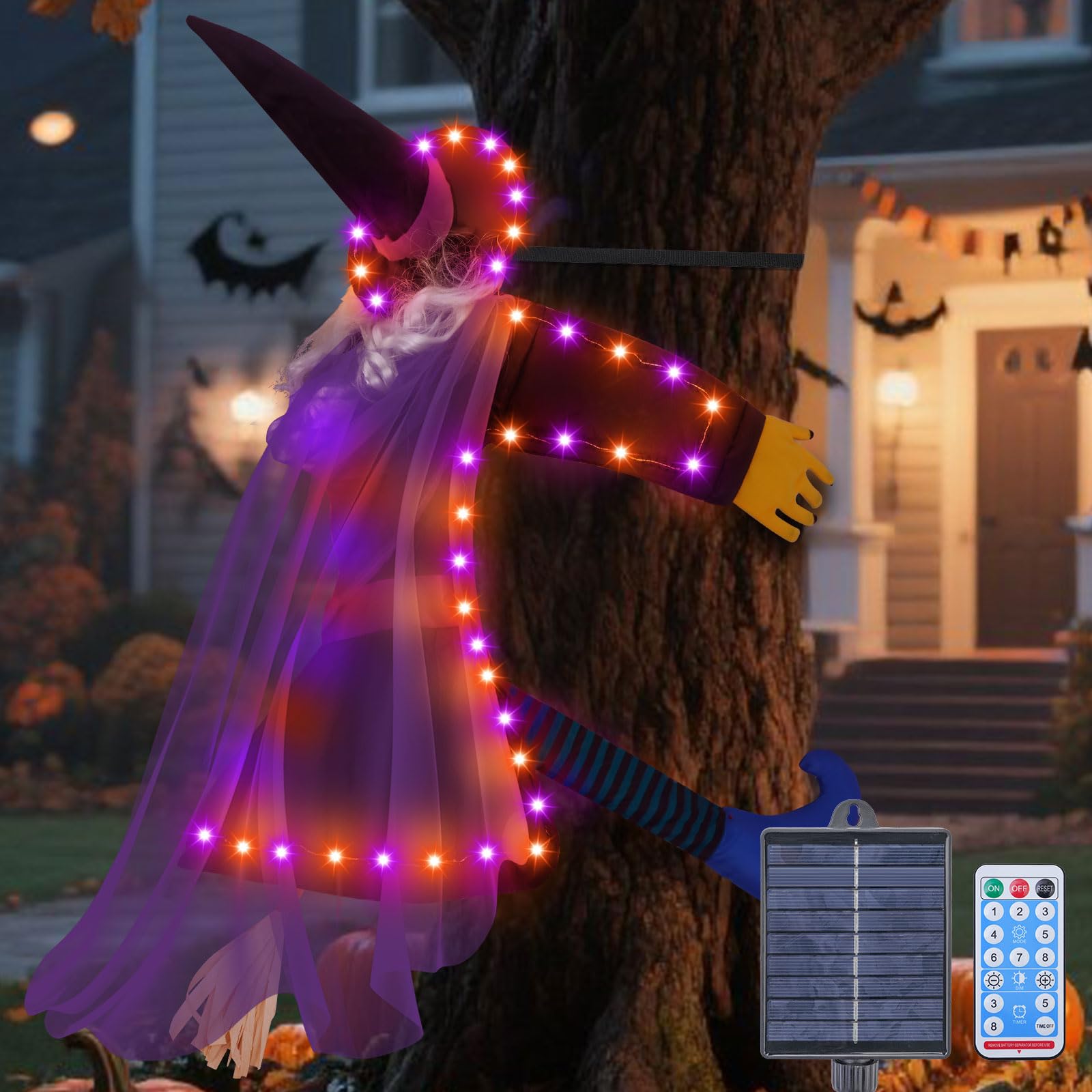 Photo 1 of amadecohome Solar Halloween Decorations Outdoor Witches, 43" Flying Witch Crashing into Tree Hallowen Decor on Broom, Halloween Witch Decor for Yard Door Fence Haunted House Props (Orange Purple)