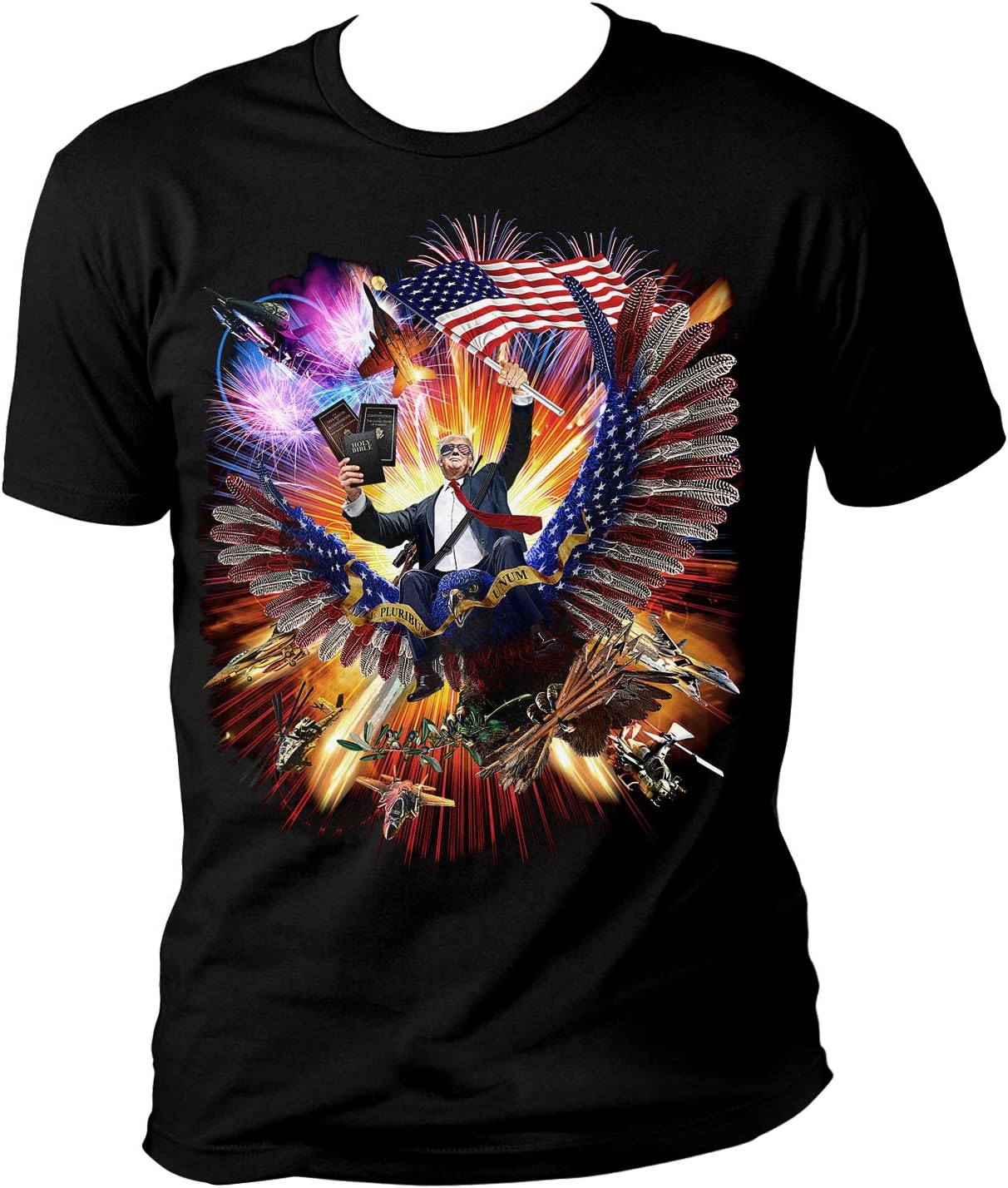 President Trump Riding an Eagle - Waving American US Flag - Make America Epic Great Again - Soft Feel Retail Shirt