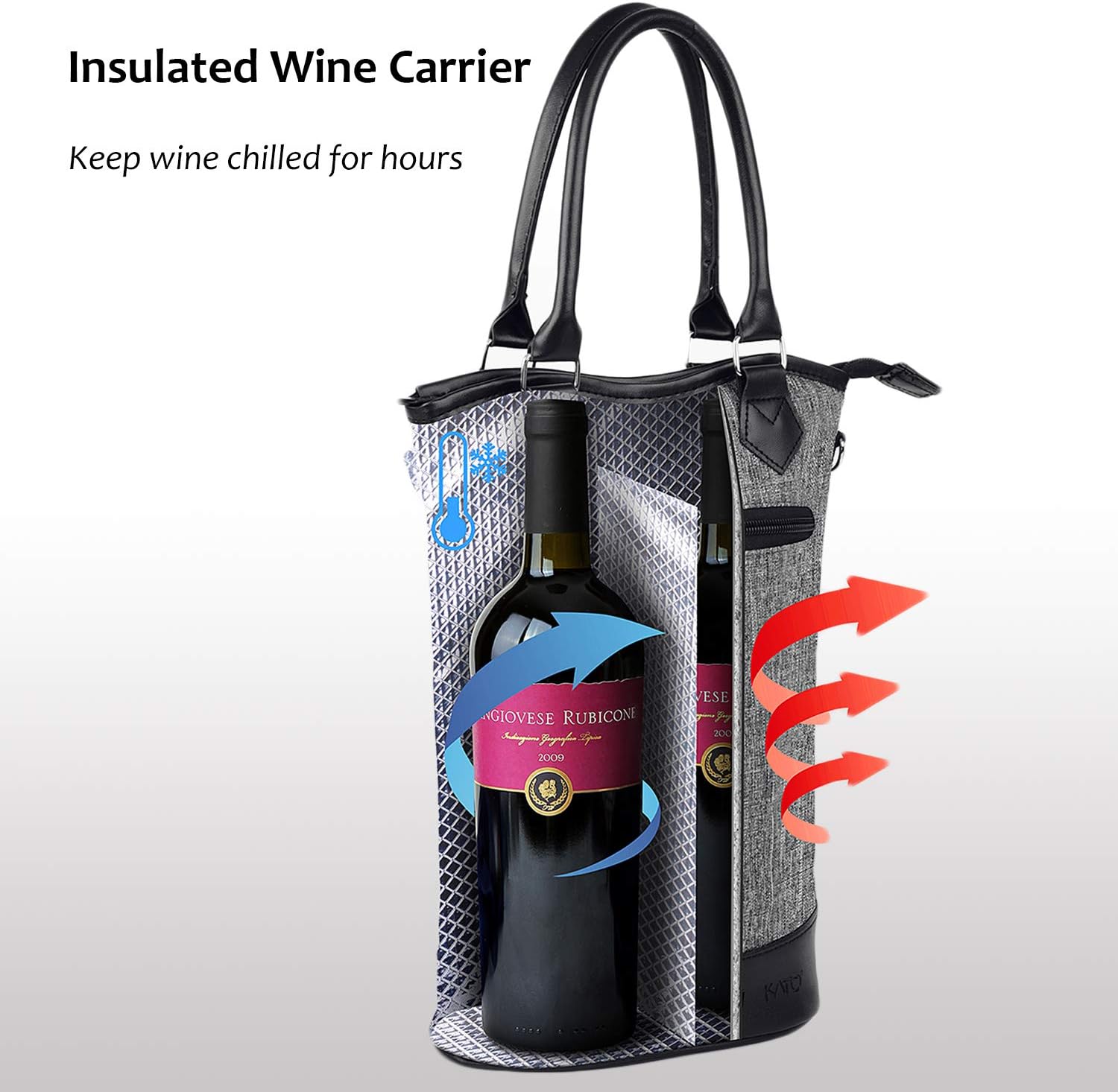Kato Tirrinia Wine Cooler Bag, 2 Bottle Insulated Wine Carrier Tote with Adjustable Shoulder Strap + Free Corkscrew, Picnic, Camping and Beach, Great Wine Lover Gift - Image 3