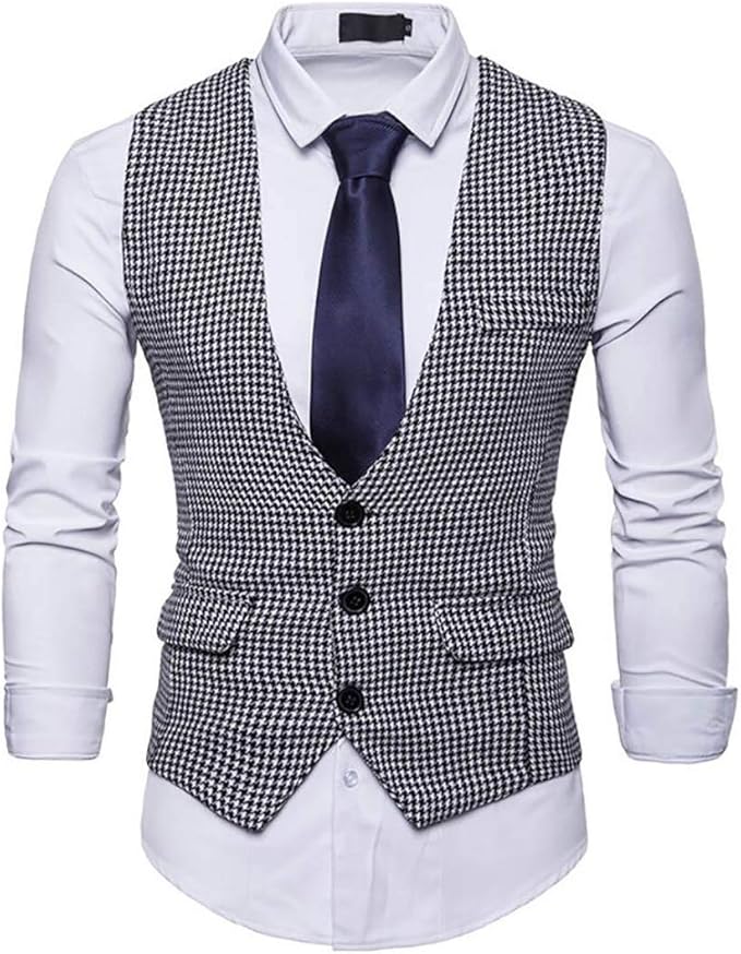 Men's Checkered Slim Waistcoat Wear to Work Single Breasted OL Vest