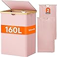 Lifewit 160L Double Laundry Hamper with Lid, Extra Large Bamboo Laundry Basket Dirty Clothes Hamper, 2 Section Laundry Bin Organizer for Laundry Room Bedroom with 2 Removable Liners & Bags, Pink