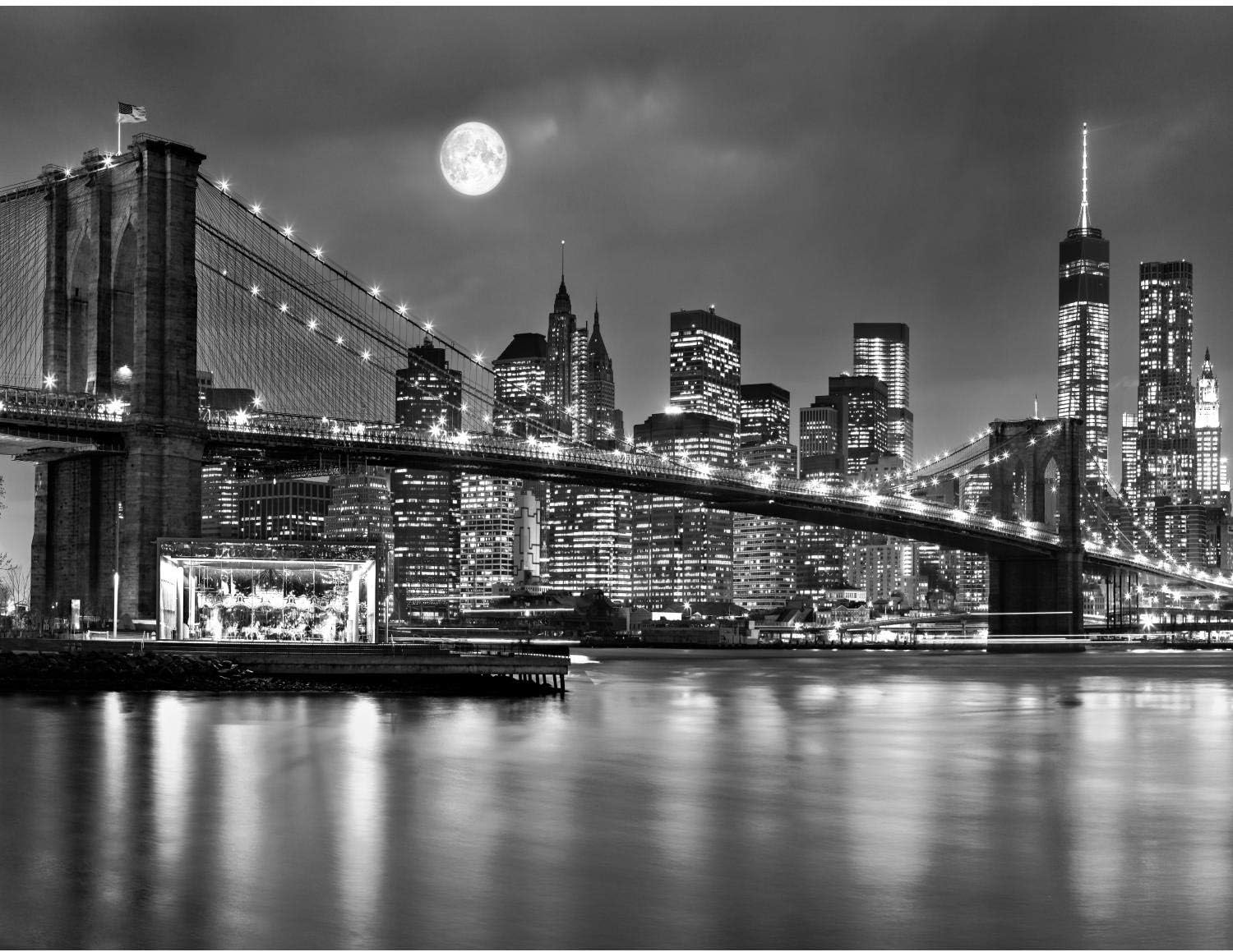 Runa Art Photo Wallpaper Brooklyn Bridge Night Modern Non-Woven Living Room Bedroom Wall Decoration - Made in Germany - Black-and-White 9101010b