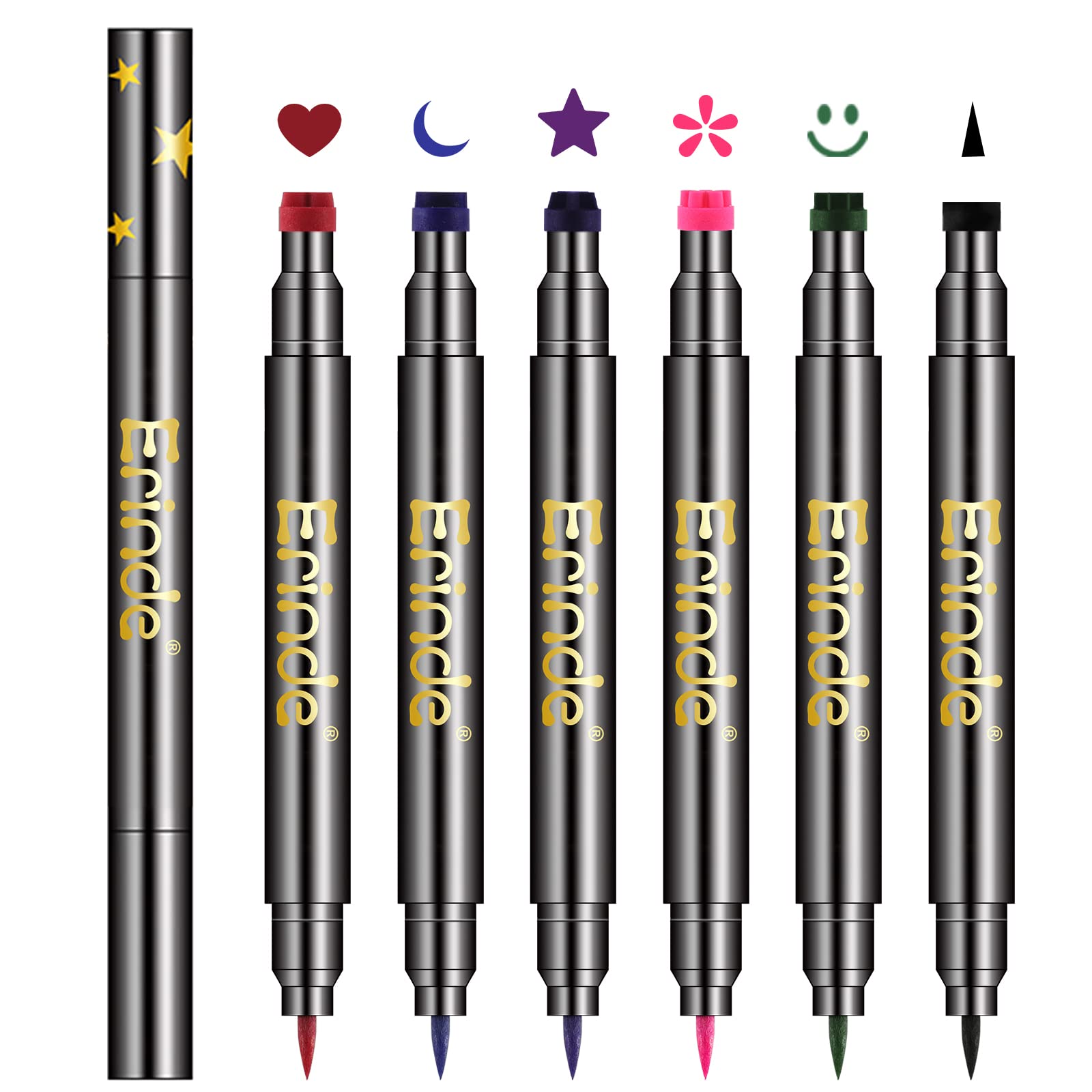 6Pcs Erinde Double-headed Liquid Eyeliner Stamp Pen Set, Eye Liners for Women, Eyeliner Pencil Black Eye Liner Stencil, Eyeliner Tattoo Tool, Eyeliner Stamp Shapes Star, Heart,Flower