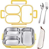 VACAID 25oz/750ml Stainless Steel Lunch Box Kit (Bento Box + Fork/Spoon) - 3 Leakproof Compartments - Food-Grade 18/8 Steel for Kids & Adults - School/Office/Travel Ready - Dishwasher Safe (Yellow)