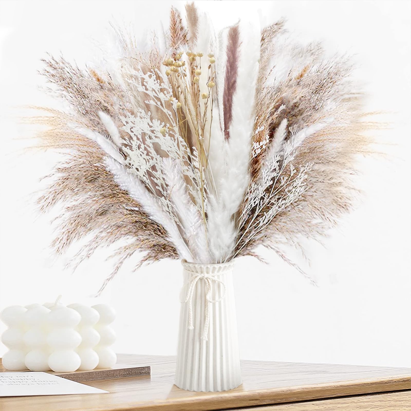Natural Dried Pampas Grass (UK Company), 65PCS Dried Flowers Fluffy Pampas Grass Bouquet, Artificial Pampas for Wedding Floral Arrangements Boho Home Decor