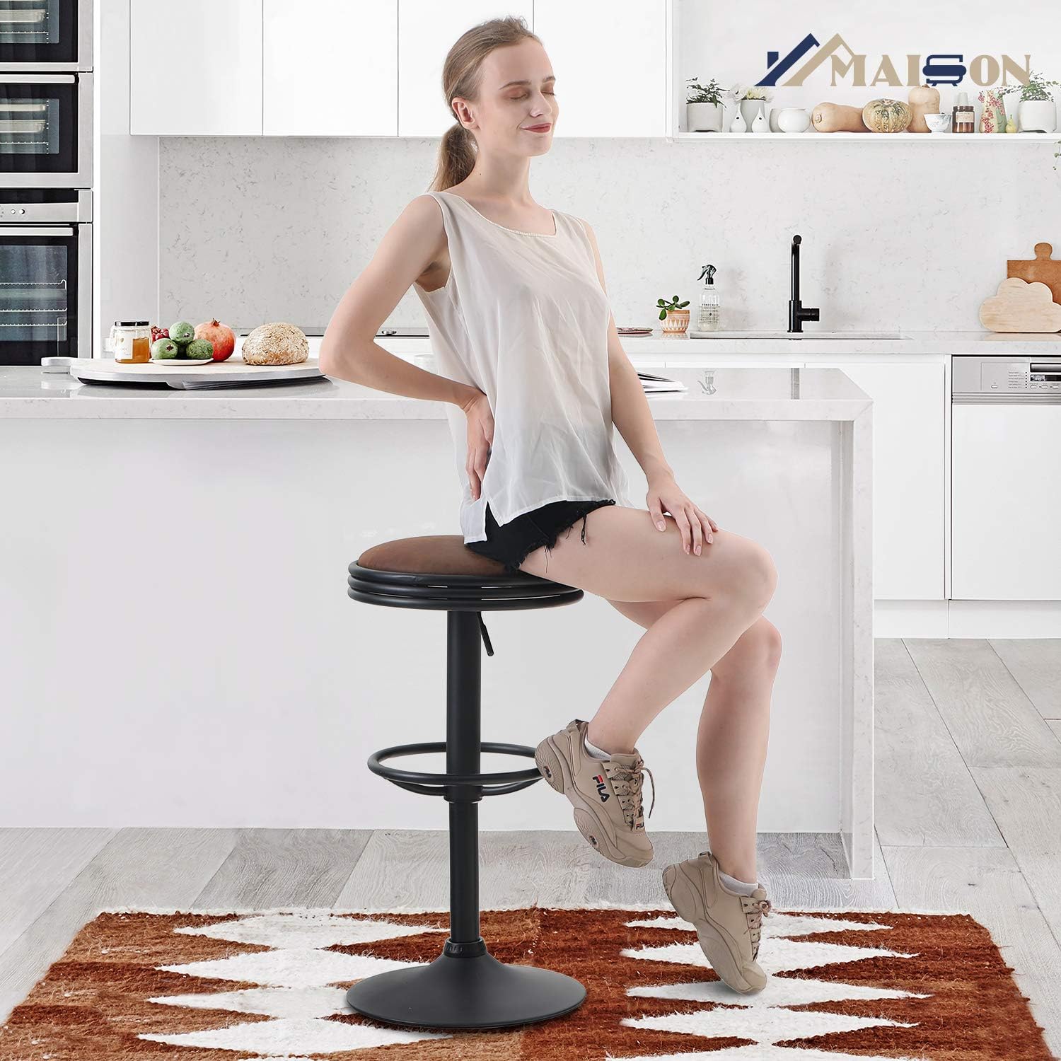 MAISON ARTS Swivel Bar Stool for Kitchen Counter Adjustable Backeless Barstool Farmhouse Counter Height Bar Chair Modern Kitchen Island Stools Backless Upholstered Round Barstool, 1 Stool, Brown: Kitchen & Dining