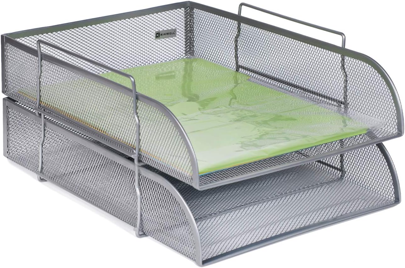 2 Tier Paper Letter Tray Desk Organizer with Bottom Support Frame Stackable Desktop File Document Organizer Metal Mesh Collection Office Desk Accessories with 3Pcs File Folders,Vertical Silver