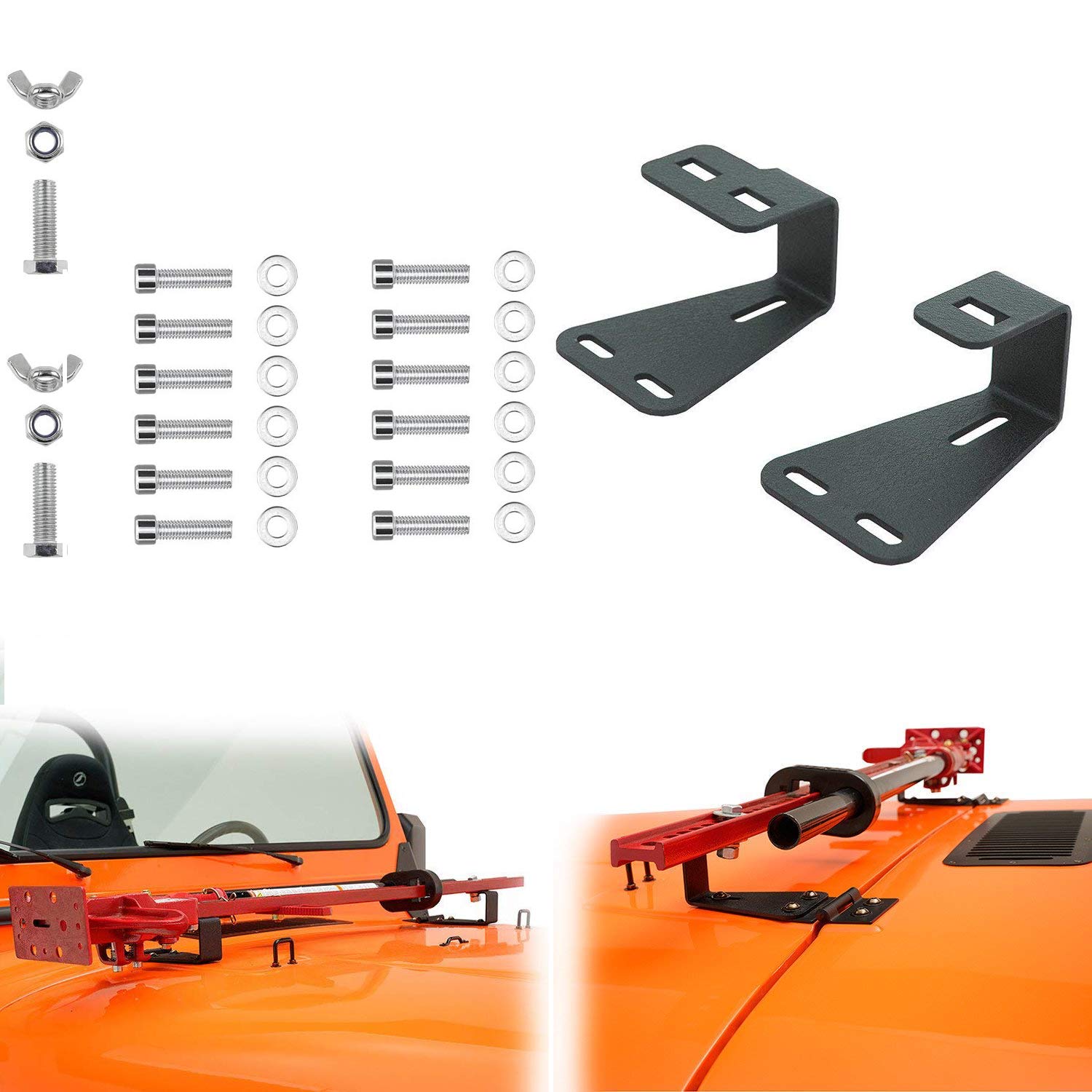 Hi-Lift Jack Mount Solid Hinge Mounting Hood Bracket for Wrangler CJ 1944-1986/YJ 1987-1995/TJ 1997-2006 (Pair, Black)