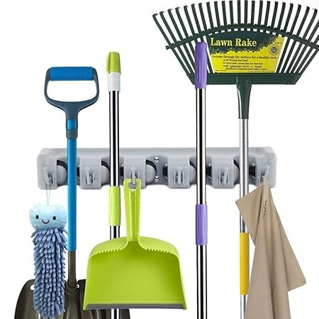 SUNAM Mop and Broom Holder, 5 Position with 6 Hooks Garage Storage Holds up to 11 Tools, Storage Solutions for Broom Holders, Garage Storage Systems Broom Organizer for Garage Shelving Ideas