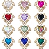 SUNNYCLUE 1 Box 24Pcs 12 Colors Glass Heart Charm Crystal Hearts Charms Bulk Gold Metal Alloy Flat Back Glitter Rhinestone Love Valentines Pendants for Jewelry Making Bracelet Earrings DIY Crafts