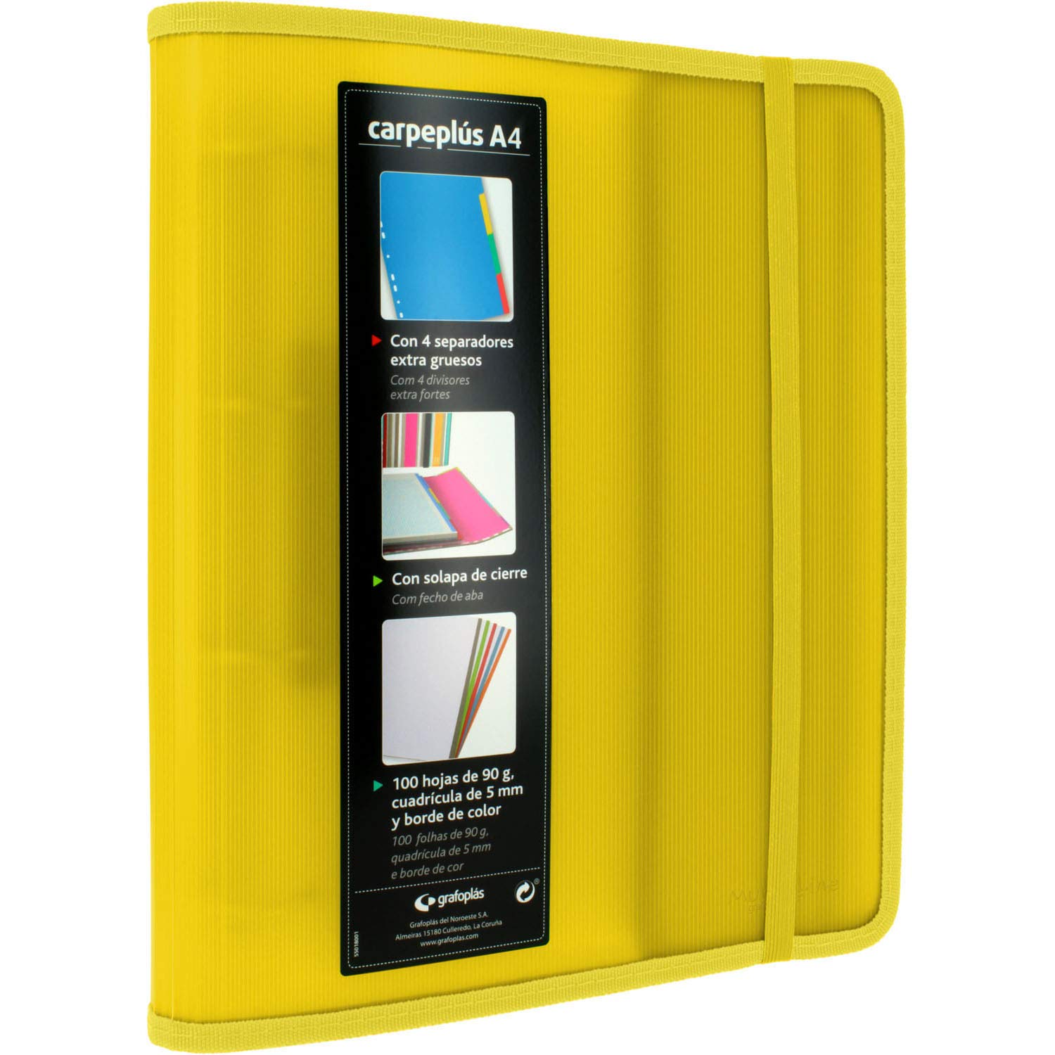 Grafoplás 88200060 4 Ring Folder Folder, A4, Yellow, Polypropylene, with Side Flap, 100 Sheets, Separators and Transparent Envelope, Multiline.