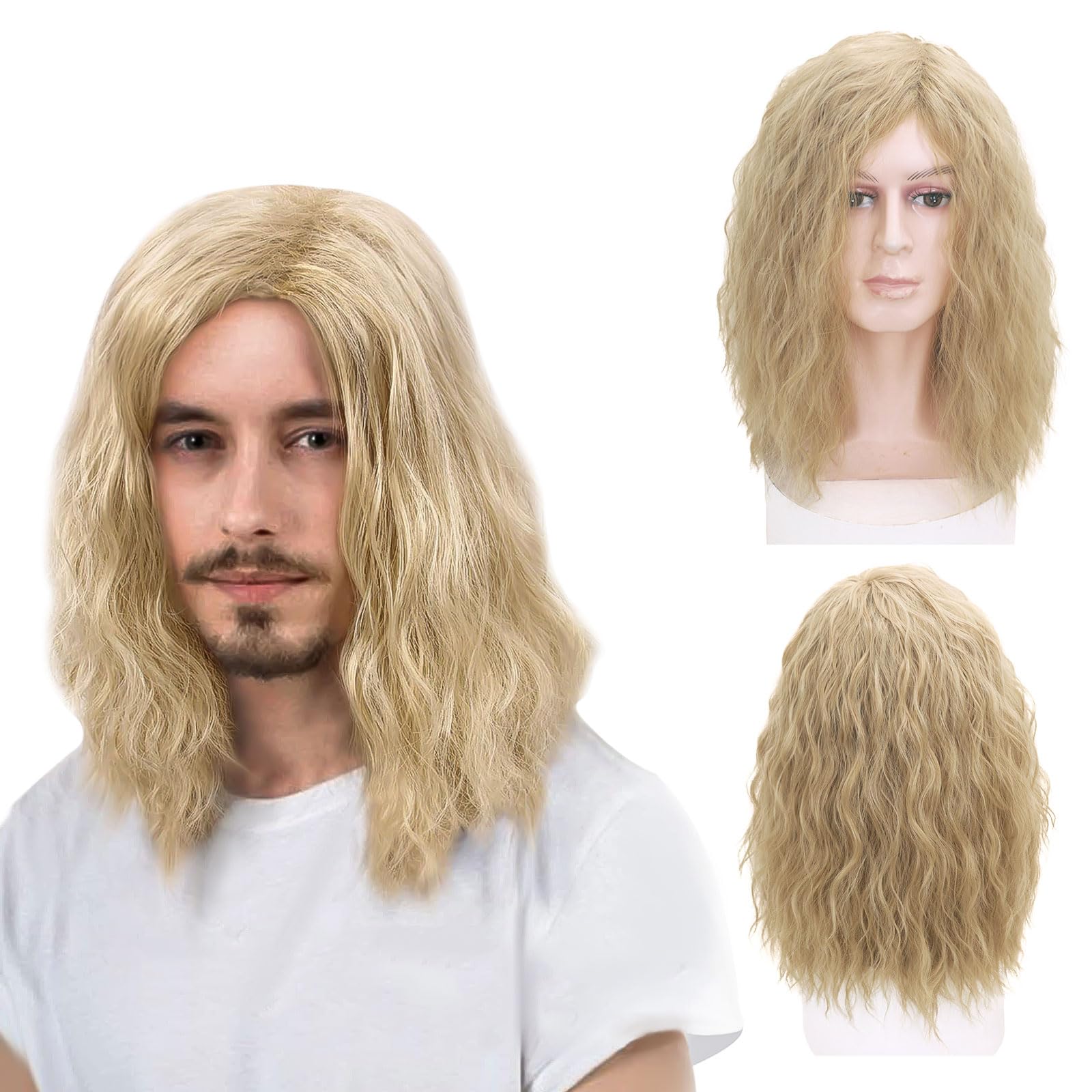 TSHAOUN Mens Blonde Wig Mid Length Curly Hair, Mens Wig for Adult, 16’’/40 cm Pop Rocking Dude Wigs for Men, Handsome Cosplay Wigs for 70s 80s Fancy Dress Daily Costume Party Halloween (Blonde)