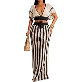 Angsuttc Skirt Sets Women 2 Piece Outfits Crochet Crop Tops and Striped Maxi Skirt Vacation Outfit